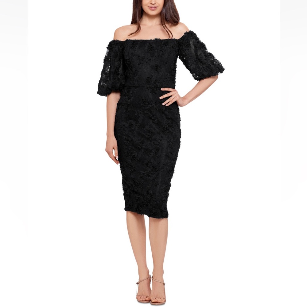 XSCAPE Black Elbow Sleeve Off Shoulder Floral Textured Evening Sheath Dress